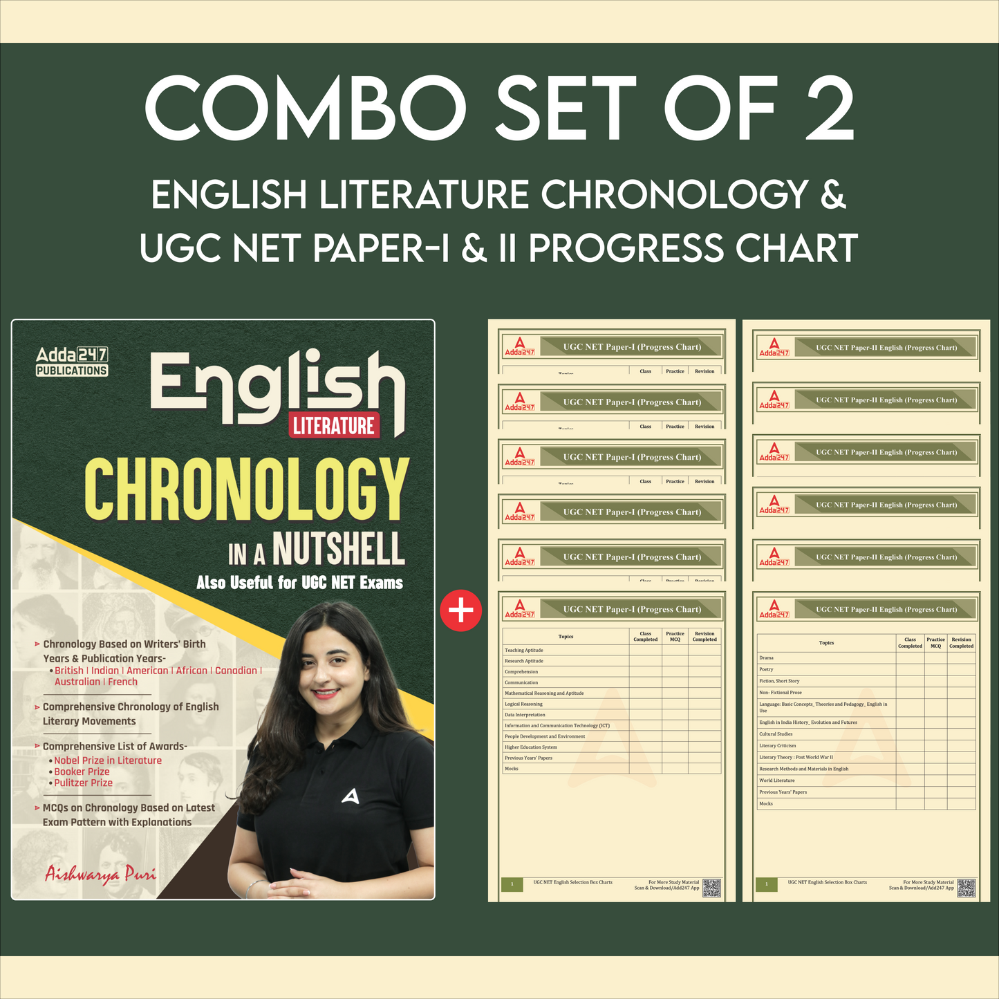 Combo Set of 2 English Literature Chronology & UGC NET Paper - I & II Progress Chart (English Printed Edition) By Adda247